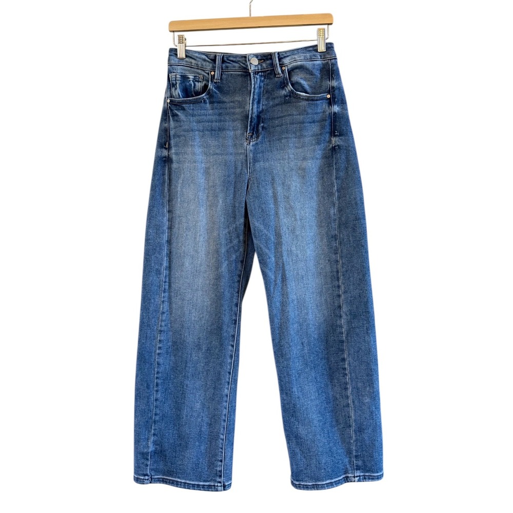 Wmns Risen Social Threads High Rise Barrel Leg Casual Blue Jeans Size 7/28